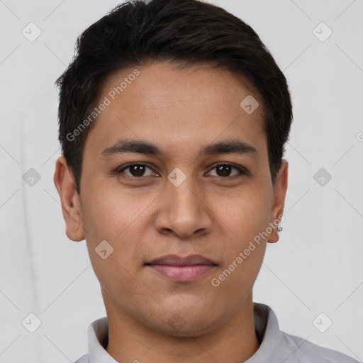 Joyful white young-adult male with short  black hair and brown eyes