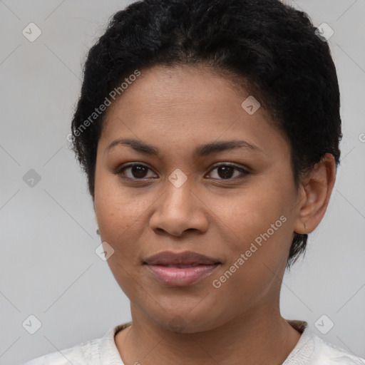 Joyful latino young-adult female with short  brown hair and brown eyes