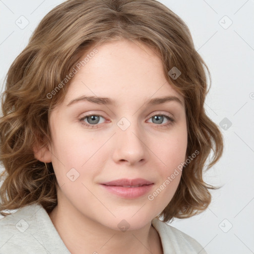 Joyful white young-adult female with medium  brown hair and green eyes