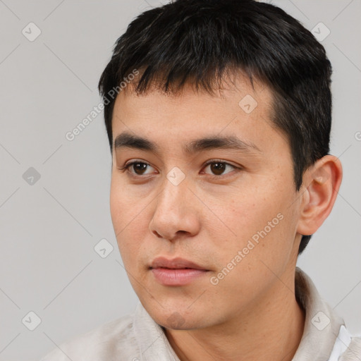 Neutral asian young-adult male with short  black hair and brown eyes