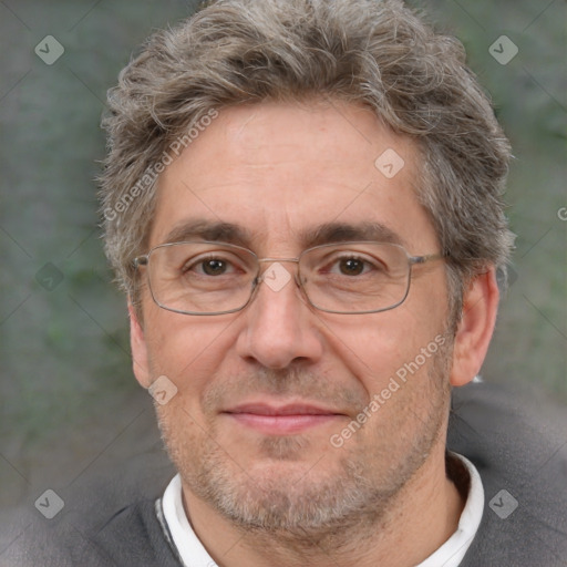 Joyful white middle-aged male with short  brown hair and brown eyes