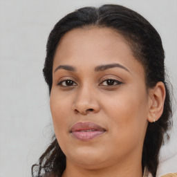 Joyful black young-adult female with medium  brown hair and brown eyes