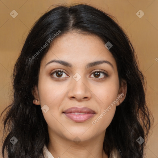 Joyful latino young-adult female with long  brown hair and brown eyes