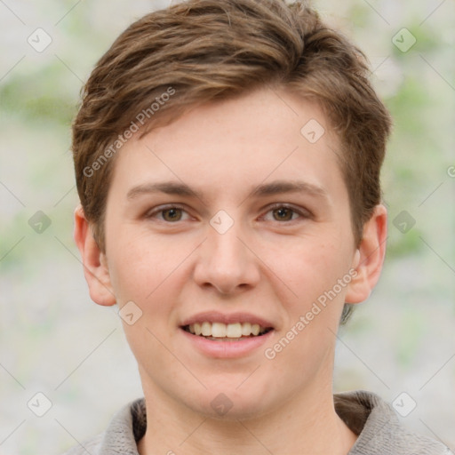 Joyful white young-adult female with short  brown hair and grey eyes