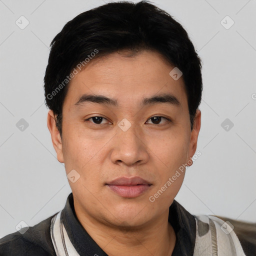 Neutral asian young-adult male with short  black hair and brown eyes