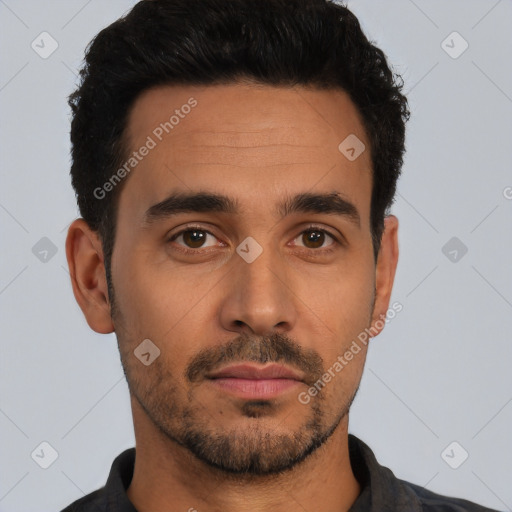 Neutral latino young-adult male with short  black hair and brown eyes