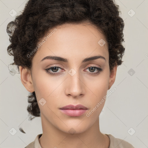 Neutral white young-adult female with short  brown hair and brown eyes