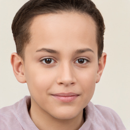 Joyful white child female with short  brown hair and brown eyes