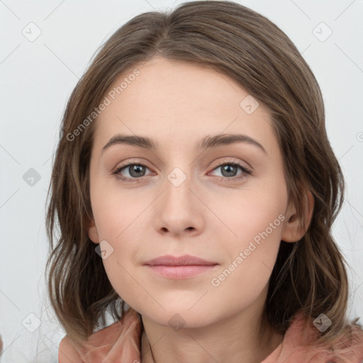 Neutral white young-adult female with medium  brown hair and grey eyes