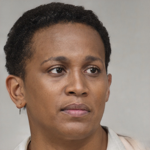 Neutral black young-adult female with short  brown hair and brown eyes