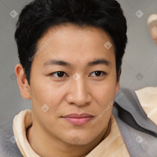 Joyful asian young-adult male with short  brown hair and brown eyes