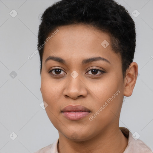 Joyful latino young-adult female with short  brown hair and brown eyes