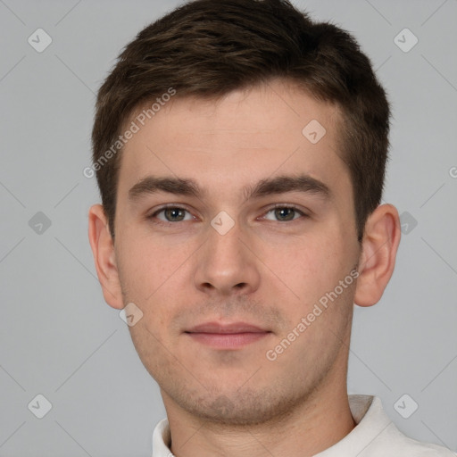 Neutral white young-adult male with short  brown hair and brown eyes