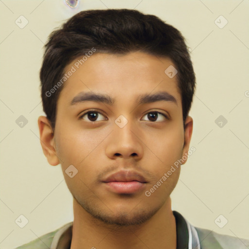 Neutral asian young-adult male with short  black hair and brown eyes