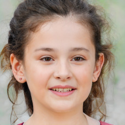 Joyful white child female with medium  brown hair and brown eyes