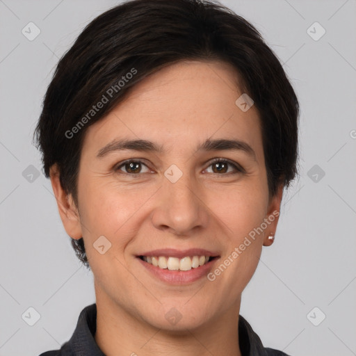 Joyful white young-adult female with short  brown hair and brown eyes