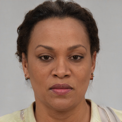 Joyful latino adult female with short  brown hair and brown eyes
