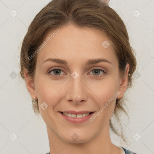 Joyful white young-adult female with medium  brown hair and green eyes