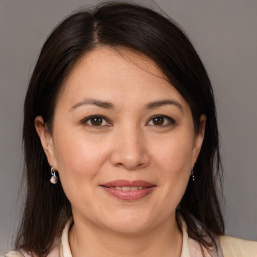 Joyful white adult female with medium  brown hair and brown eyes