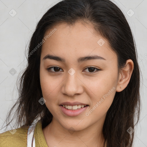 Joyful white young-adult female with long  brown hair and brown eyes