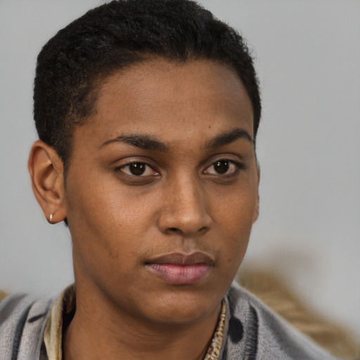 Neutral latino young-adult female with short  brown hair and brown eyes