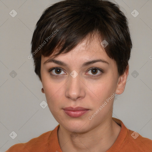 Neutral white young-adult female with short  brown hair and brown eyes