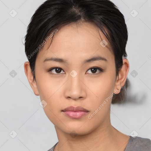 Neutral asian young-adult female with short  black hair and brown eyes