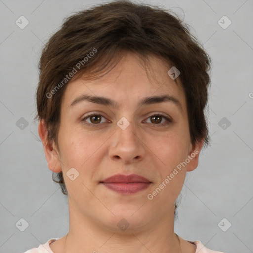 Joyful white adult female with short  brown hair and brown eyes