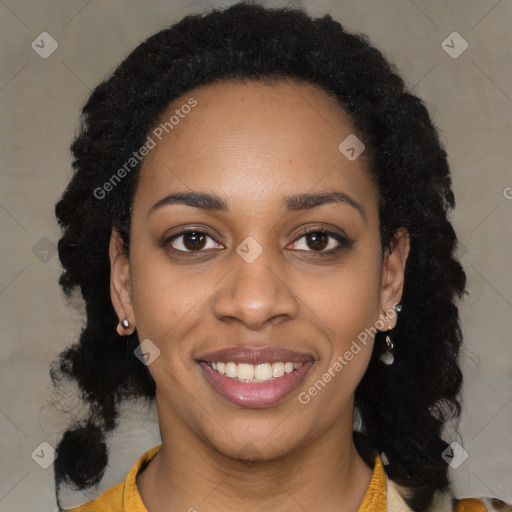 Joyful latino young-adult female with long  black hair and brown eyes