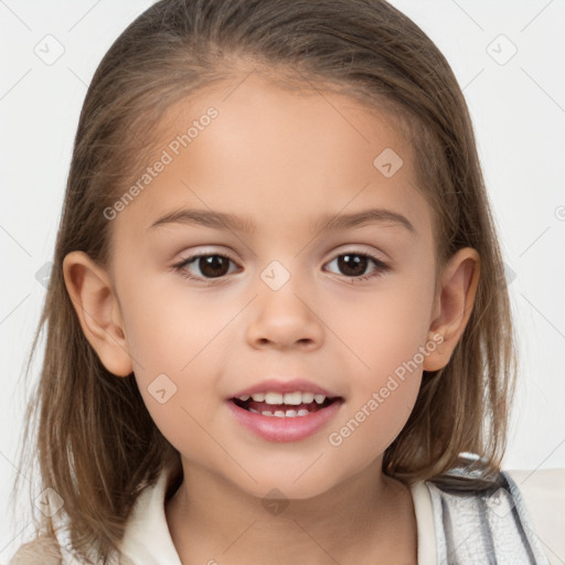 Joyful white child female with medium  brown hair and brown eyes