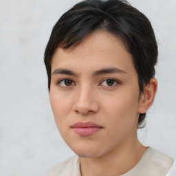 Neutral white young-adult female with short  brown hair and brown eyes