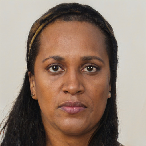 Neutral black adult female with long  brown hair and brown eyes