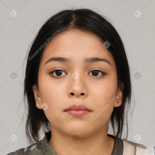 Neutral asian young-adult female with medium  brown hair and brown eyes