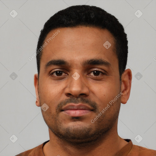 Neutral latino young-adult male with short  black hair and brown eyes