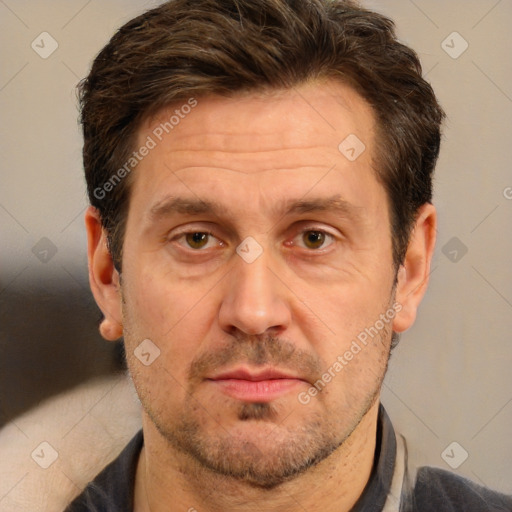 Neutral white adult male with short  brown hair and brown eyes