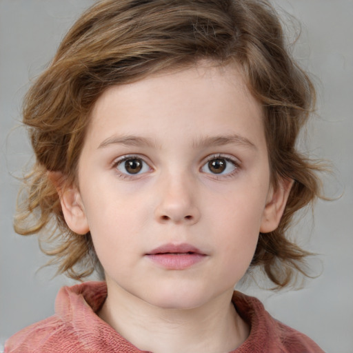 Neutral white child female with medium  brown hair and grey eyes