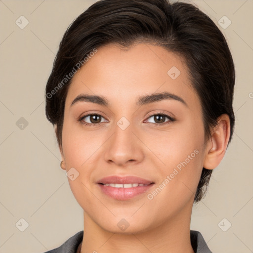 Joyful white young-adult female with medium  brown hair and brown eyes