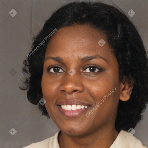 Joyful black young-adult female with medium  black hair and brown eyes