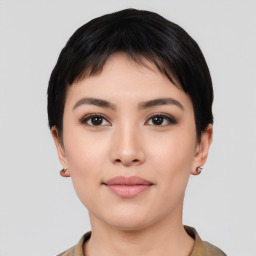 Neutral asian young-adult female with short  black hair and brown eyes