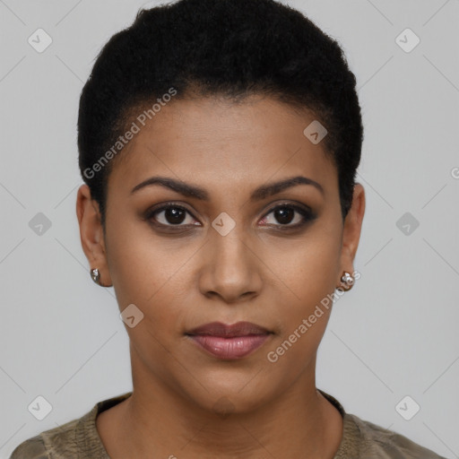 Neutral black young-adult female with short  black hair and brown eyes