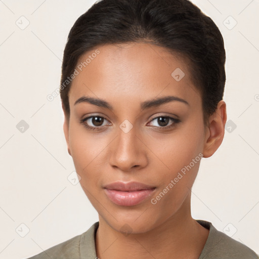 Joyful latino young-adult female with short  brown hair and brown eyes