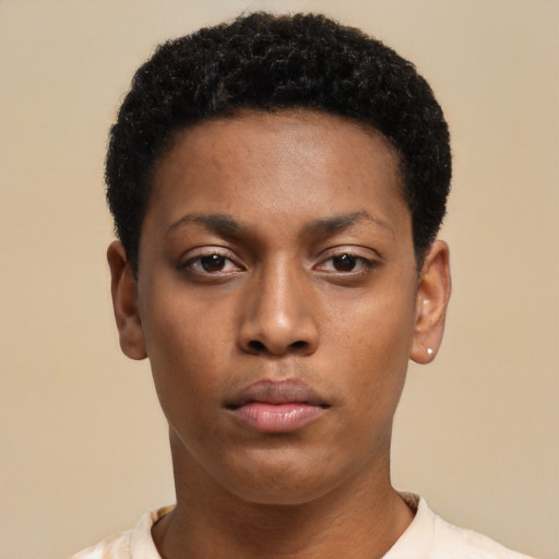 Neutral black young-adult female with short  black hair and brown eyes