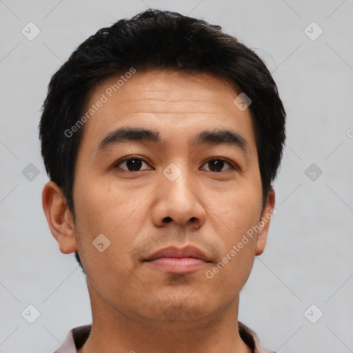 Neutral asian young-adult male with short  black hair and brown eyes