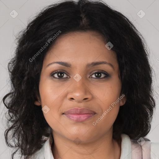 Joyful black young-adult female with long  brown hair and brown eyes