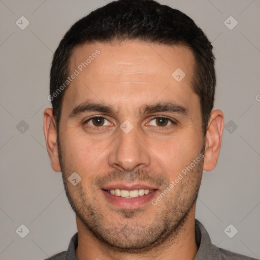 Joyful white young-adult male with short  brown hair and brown eyes