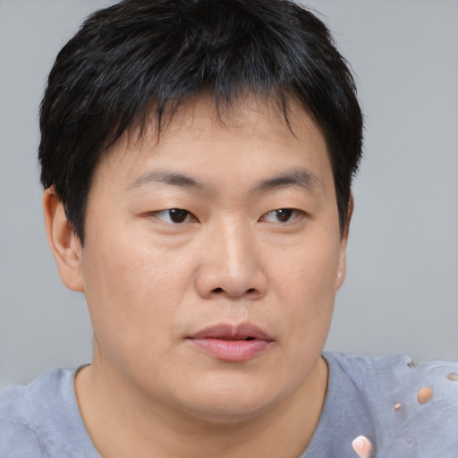 Neutral asian young-adult male with short  brown hair and brown eyes