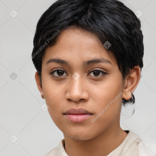 Neutral latino young-adult female with short  brown hair and brown eyes