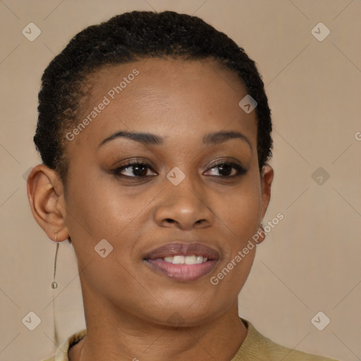 Joyful black young-adult female with short  brown hair and brown eyes
