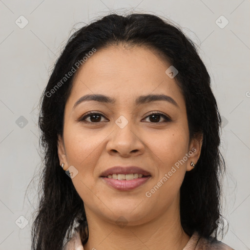 Joyful latino young-adult female with medium  brown hair and brown eyes