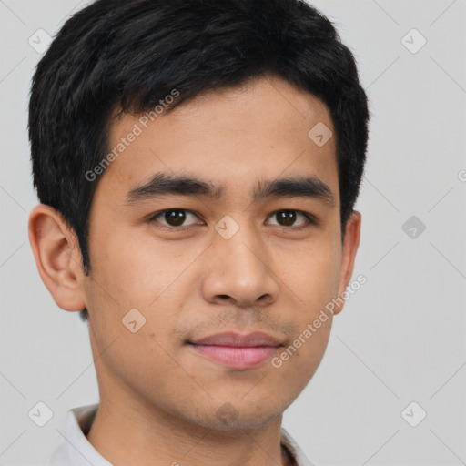 Neutral asian young-adult male with short  brown hair and brown eyes